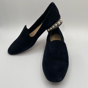 Nine West Nadie Black Leather Suede Pearl Loafers Mules Shoes Sz 8.5M